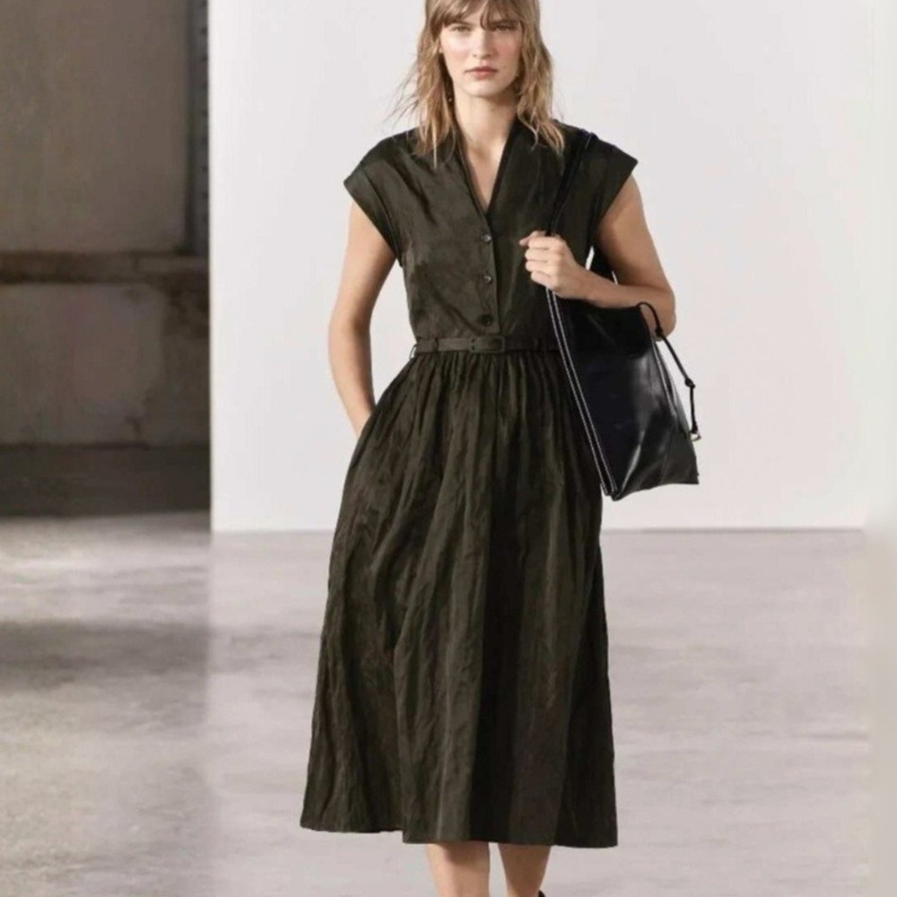 Zara Olive Midi Dress Crinkled Effect NWT ZW Collection Belted Shirtdress Size M